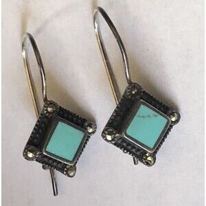 Vintage Silver Shepherd Hook Turquoise Square Drop Earrings Stamped FAS925 Thai